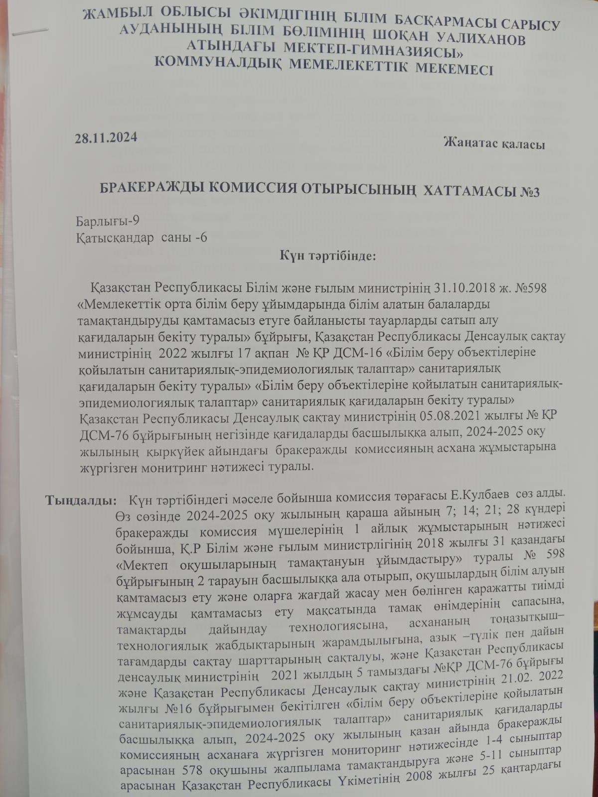 Бракеражды комиссия отырысының хаттамасы№3