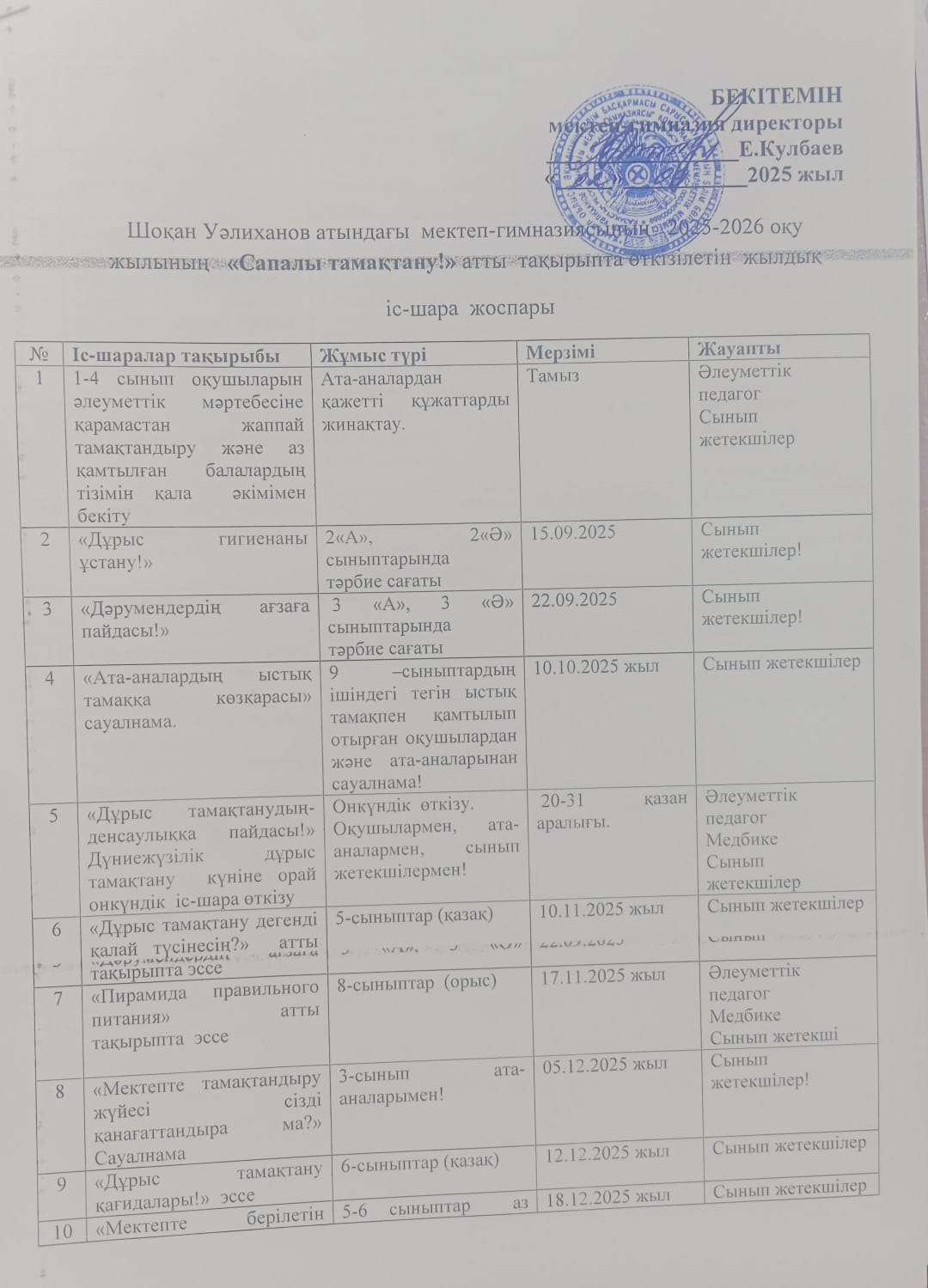 Жылдық іс-шара жоспары