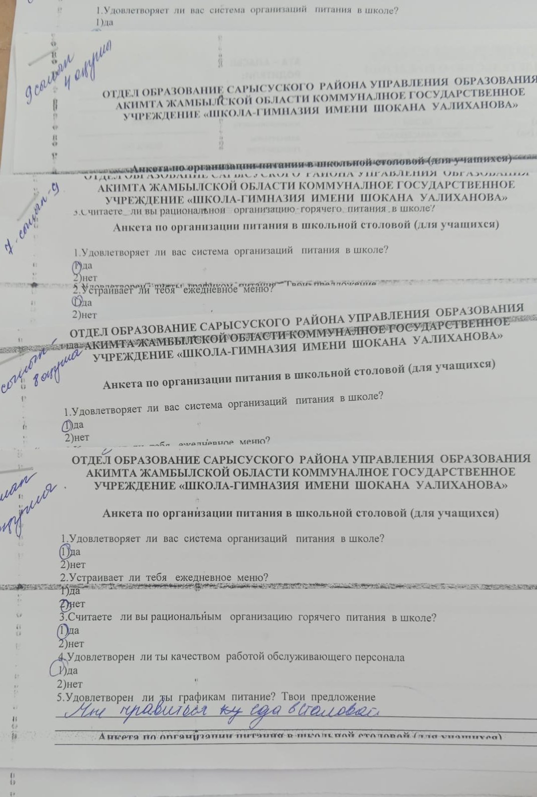 5-10 орыс сыныптар арасындағы окушылардан "Анкета по организации питания в школьной столовой" тақырыбында алынған сауалнама